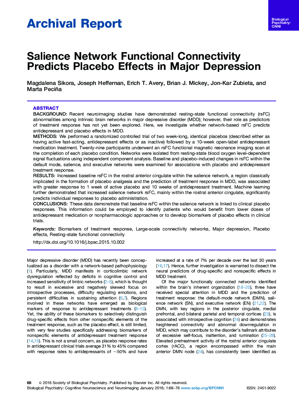 Salience Network Functional Connectivity Predicts Placebo Effects in Major Depression