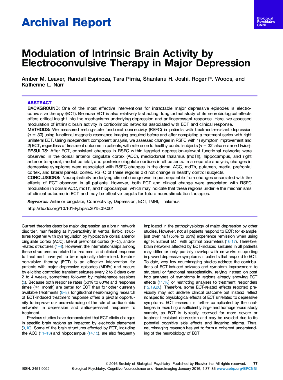 مدولاسیون فعالیت مغزی ذاتی با استفاده از درمان الکتروکواش در افسردگی عمده 