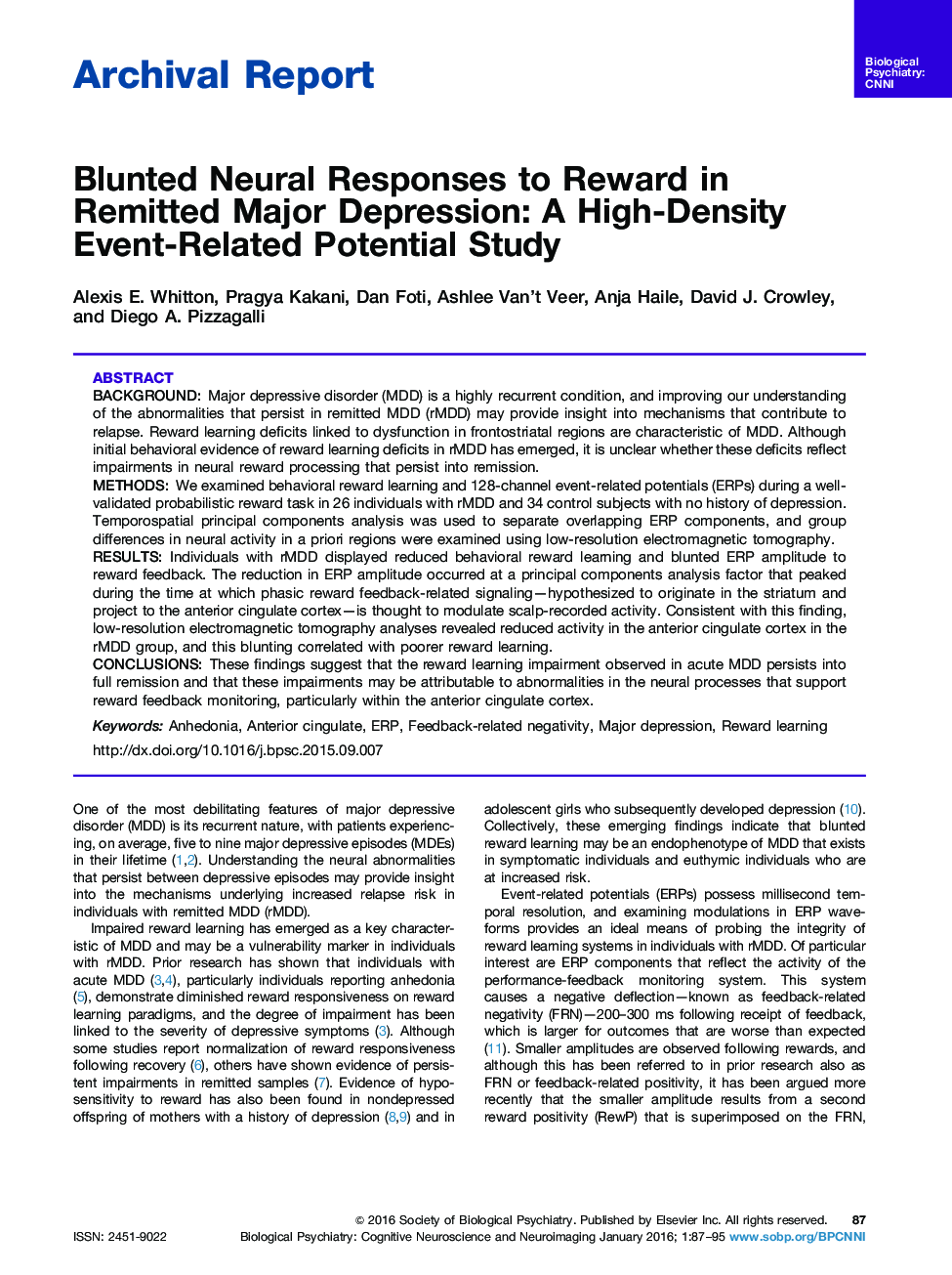 پاسخ های عصبی ملایم به پاداش در معرض افسردگی شدید: یک مطالعه بالقوه مرتبط با رویداد با شدت بالا 