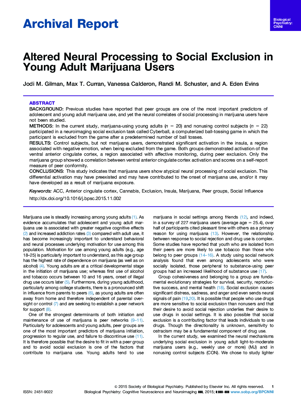 Altered Neural Processing to Social Exclusion in Young Adult Marijuana Users