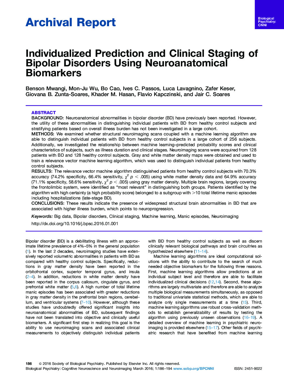 Individualized Prediction and Clinical Staging of Bipolar Disorders Using Neuroanatomical Biomarkers