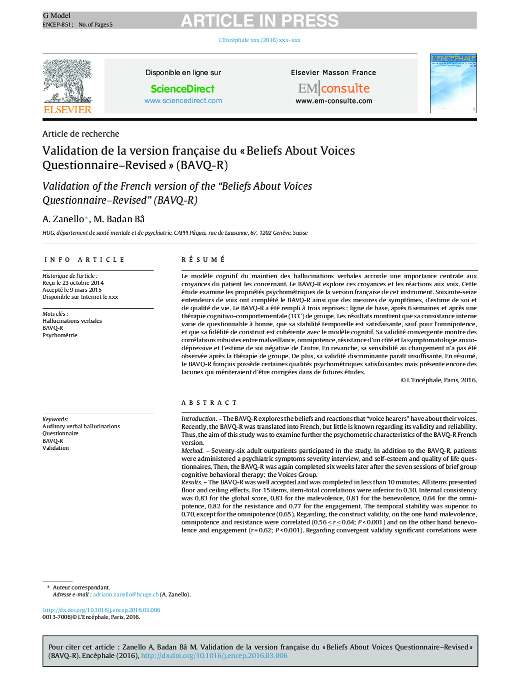 Validation de la version française du Â«Â Beliefs About Voices Questionnaire-RevisedÂ Â» (BAVQ-R)