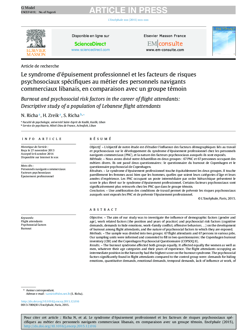 Le syndrome d'épuisement professionnel et les facteurs de risques psychosociaux spécifiques au métier des personnels navigants commerciaux libanais, en comparaison avec un groupe témoin