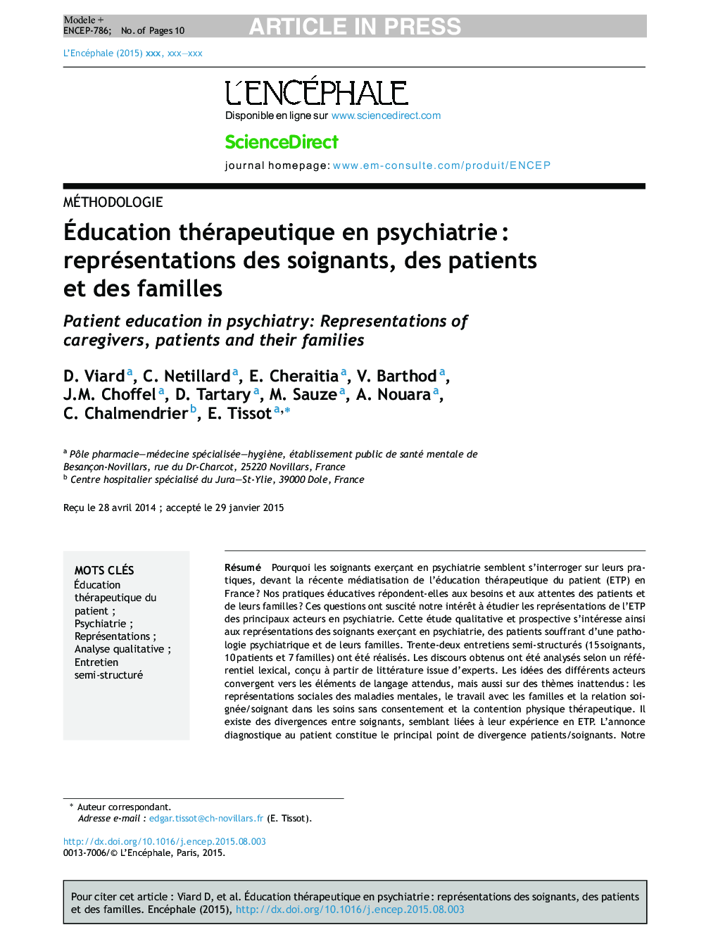 Ãducation thérapeutique en psychiatrieÂ : représentations des soignants, des patients et des familles