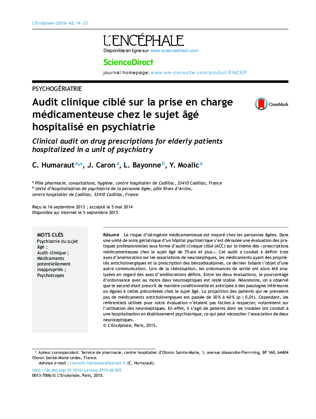 Audit clinique ciblé sur la prise en charge médicamenteuse chez le sujet Ã¢gé hospitalisé en psychiatrie