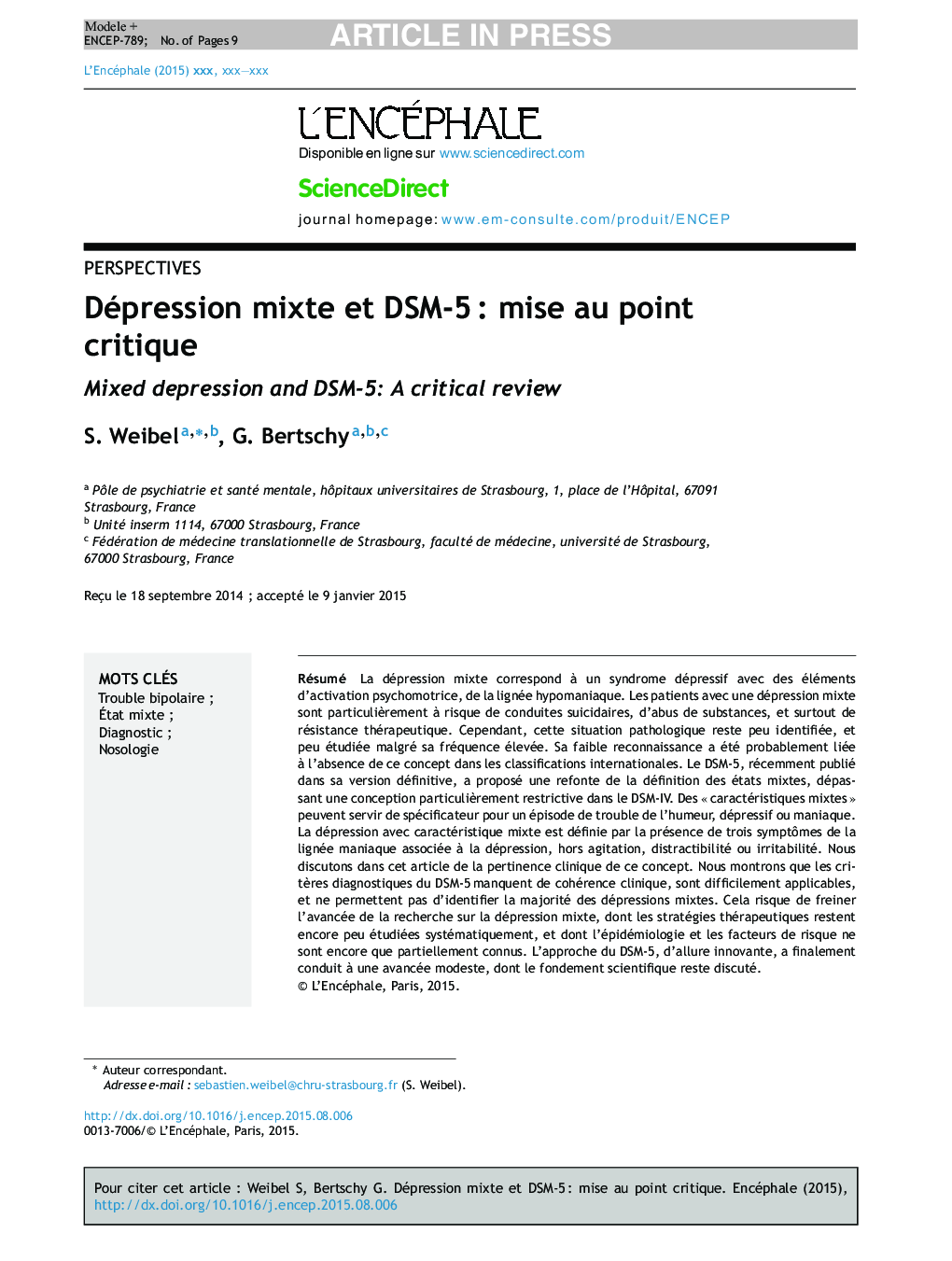 عکس صفحه اول مقاله: Dépression mixte et DSM-5Â : mise au point critique Dépression mixte et DSM-5Â : mise au point critique