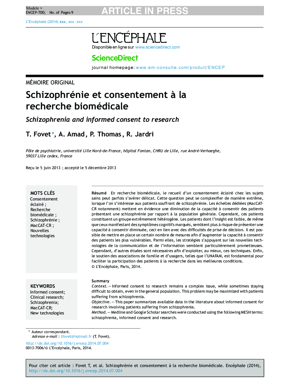 Schizophrénie et consentement Ã  la recherche biomédicale