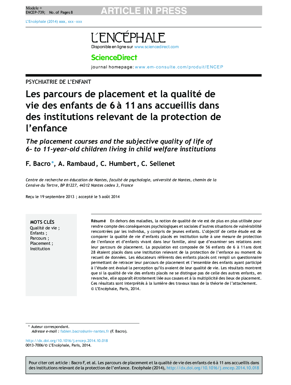 Les parcours de placement et la qualité de vie des enfants de 6Â Ã  11Â ans accueillis dans des institutions relevant de la protection de l'enfance