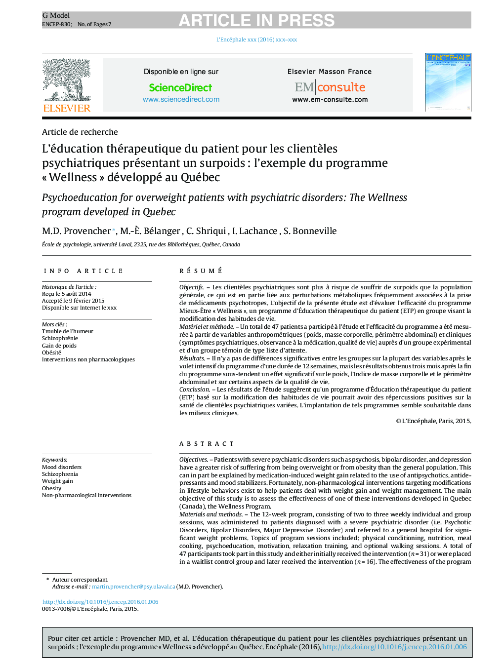 L'éducation thérapeutique du patient pour les clientÃ¨les psychiatriques présentant un surpoidsÂ : l'exemple du programme Â«Â WellnessÂ Â» développé au Québec