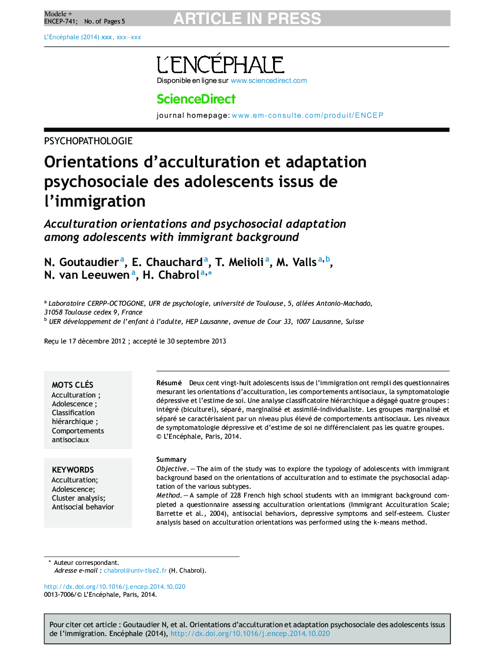 Orientations d'acculturation et adaptation psychosociale des adolescents issus de l'immigration