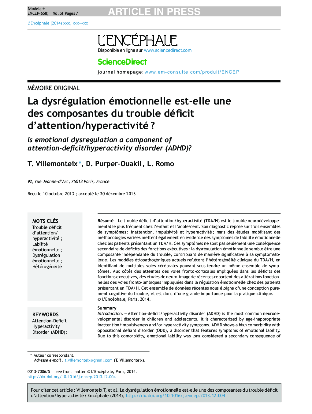 La dysrégulation émotionnelle est-elle une des composantes du trouble déficit d'attention/hyperactivitéÂ ?