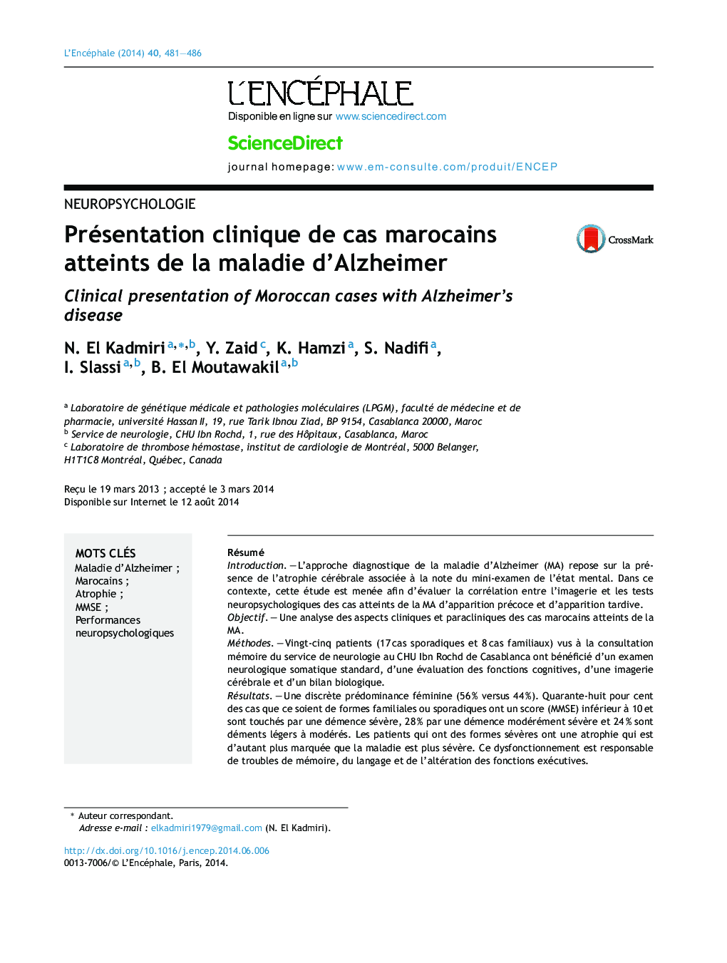 Présentation clinique de cas marocains atteints de la maladie d'Alzheimer