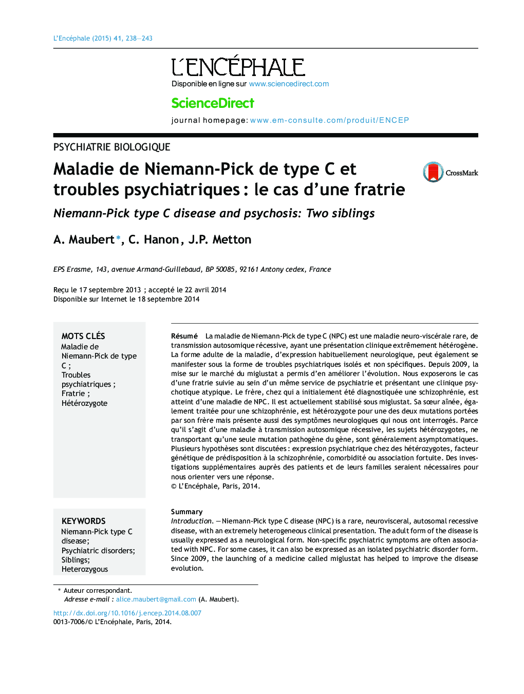 Maladie de Niemann-Pick de type C et troubles psychiatriquesÂ : le cas d'une fratrie