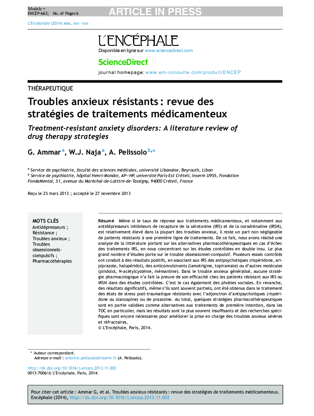 Troubles anxieux résistantsÂ : revue des stratégies de traitements médicamenteux