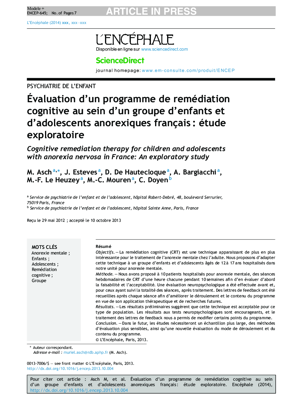 Ãvaluation d'un programme de remédiation cognitive au sein d'un groupe d'enfants et d'adolescents anorexiques françaisÂ : étude exploratoire