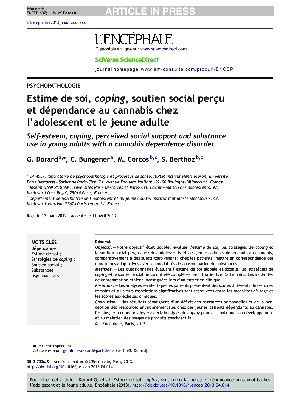 Estime de soi, coping, soutien social perçu et dépendance au cannabis chez l'adolescent et le jeune adulte