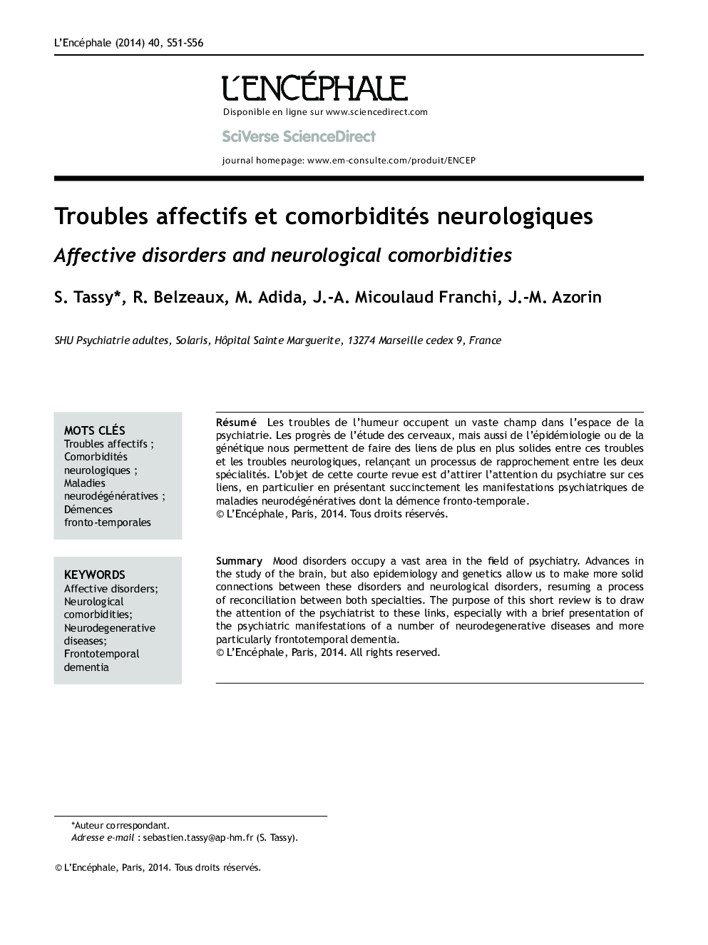 Troubles affectifs et comorbidités neurologiques