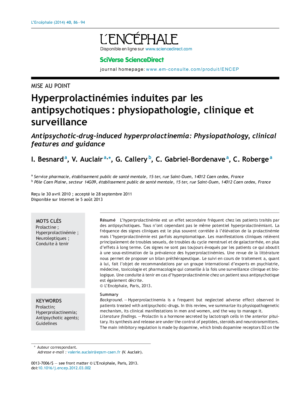 Hyperprolactinémies induites par les antipsychotiquesÂ : physiopathologie, clinique et surveillance