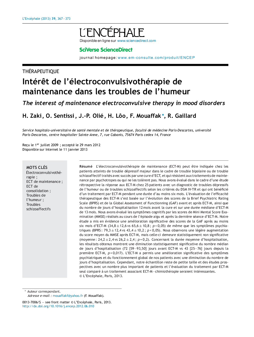 IntérÃªt de l'électroconvulsivothérapie de maintenance dans les troubles de l'humeur