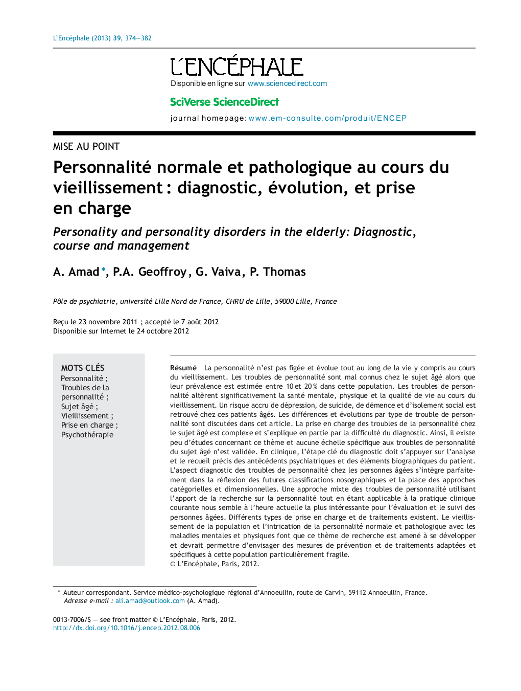 Personnalité normale et pathologique au cours du vieillissementÂ : diagnostic, évolution, et prise en charge