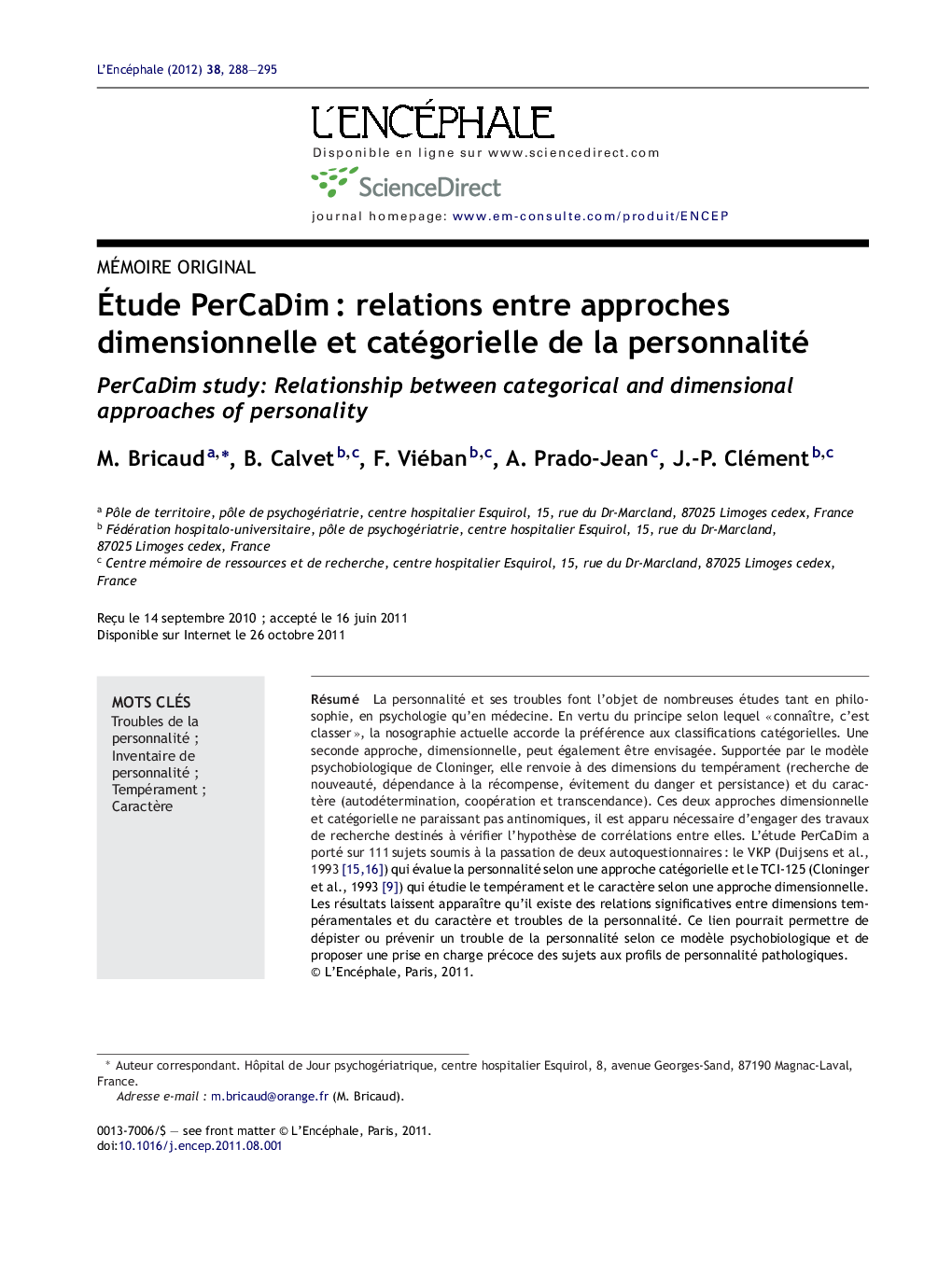 Ãtude PerCaDimÂ : relations entre approches dimensionnelle et catégorielle de la personnalité