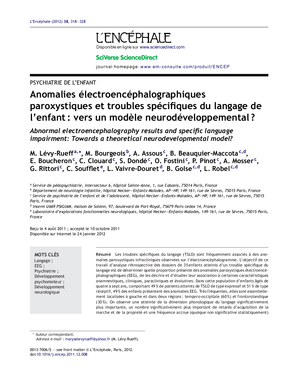 Anomalies électroencéphalographiques paroxystiques et troubles spécifiques du langage de l'enfantÂ : vers un modÃ¨le neurodéveloppementalÂ ?