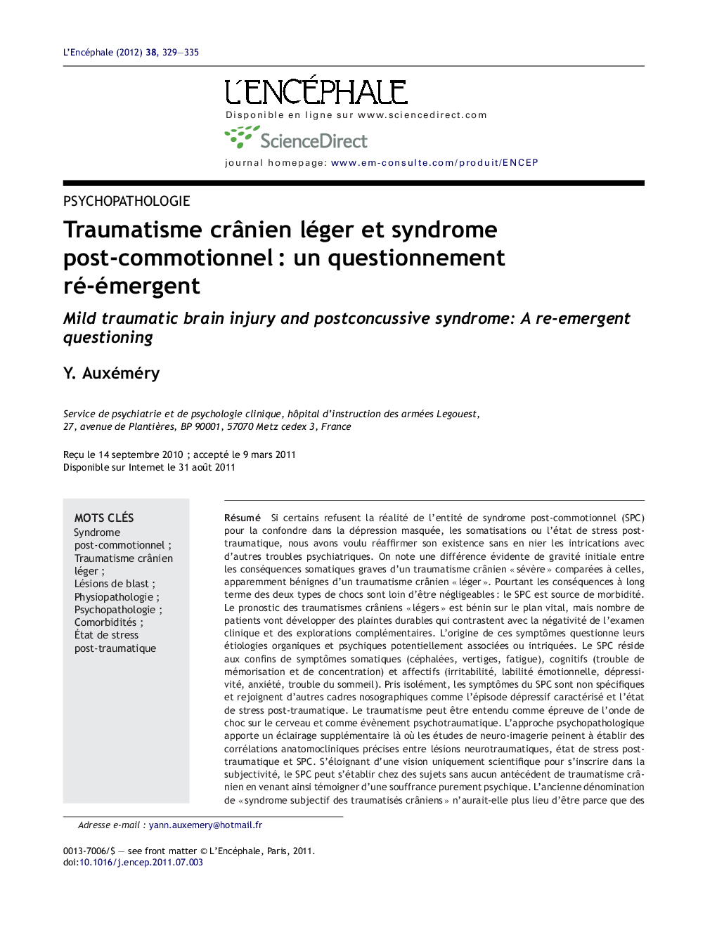 Traumatisme crÃ¢nien léger et syndrome post-commotionnelÂ : un questionnement ré-émergent