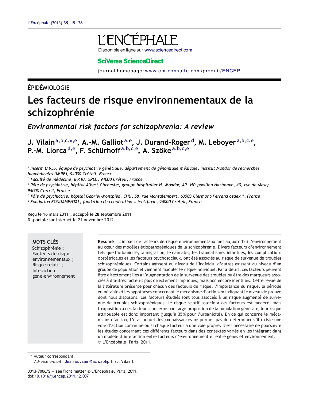 Les facteurs de risque environnementaux de la schizophrénie