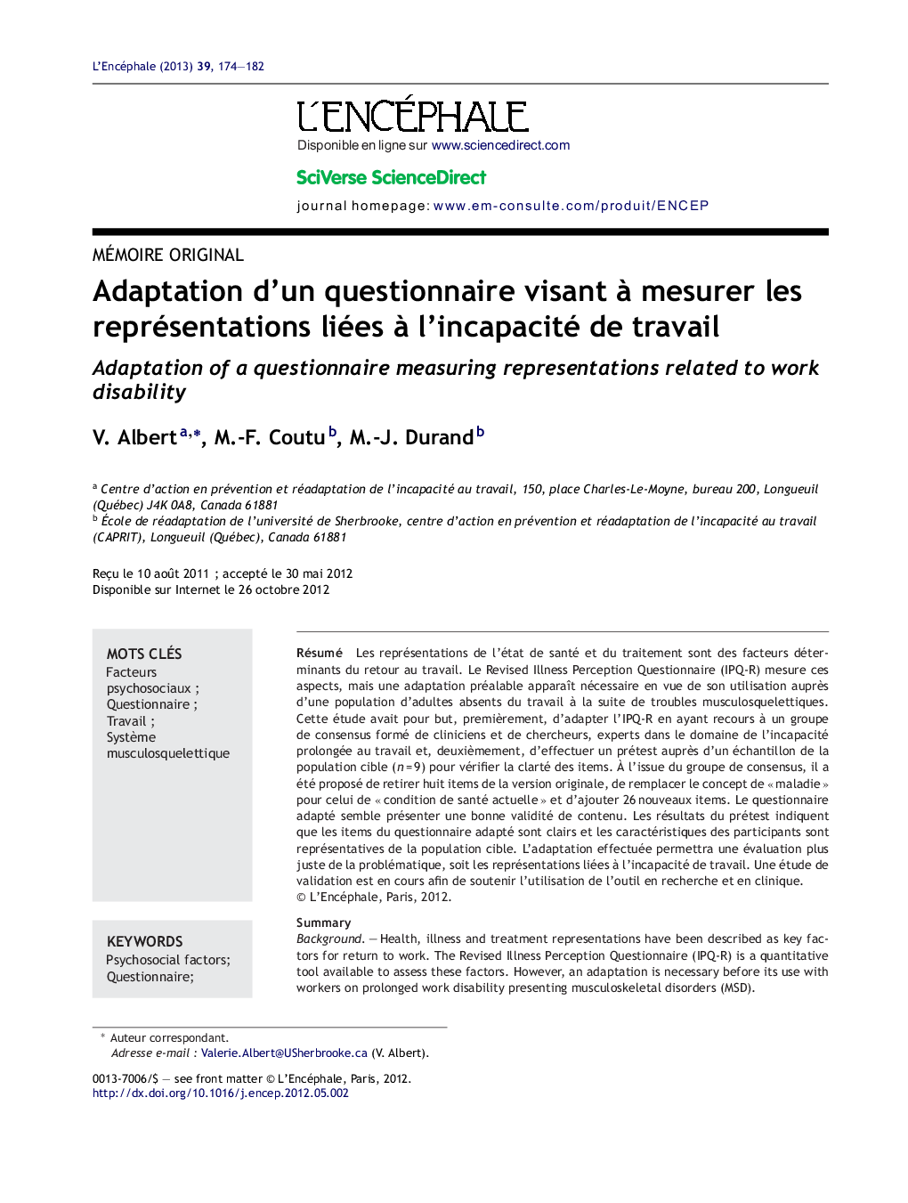 Adaptation d'un questionnaire visant Ã  mesurer les représentations liées Ã  l'incapacité de travail