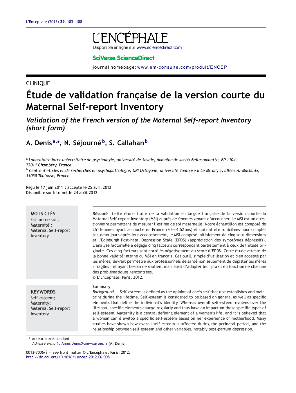 Ãtude de validation française de la version courte du Maternal Self-report Inventory