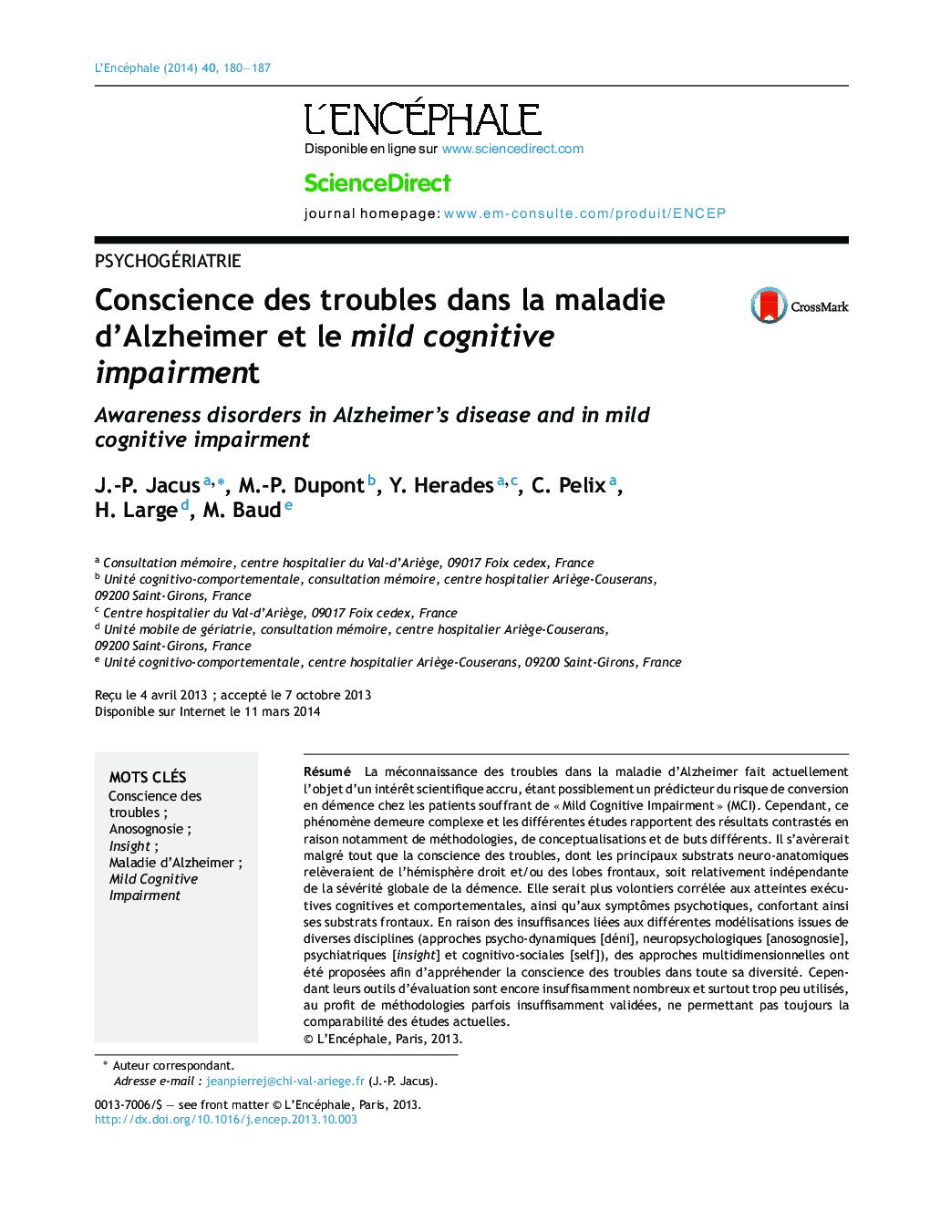 Conscience des troubles dans la maladie d'Alzheimer et le mild cognitive impairment