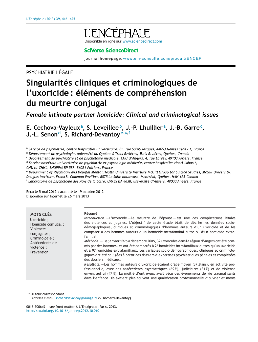 Singularités cliniques et criminologiques de l'uxoricideÂ : éléments de compréhension du meurtre conjugal