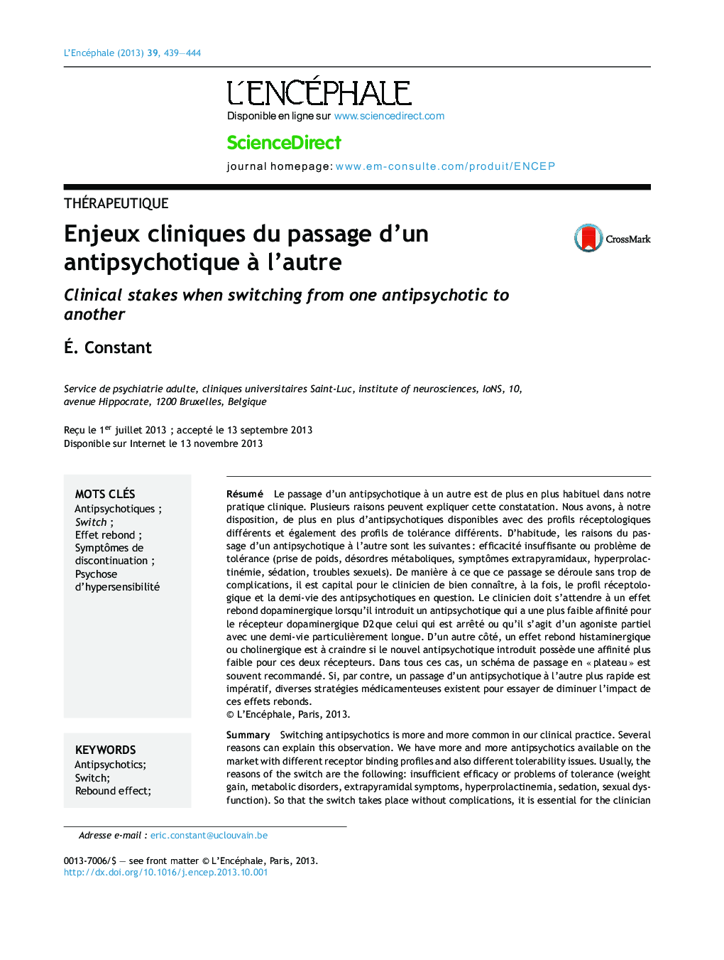 Enjeux cliniques du passage d'un antipsychotique Ã  l'autre