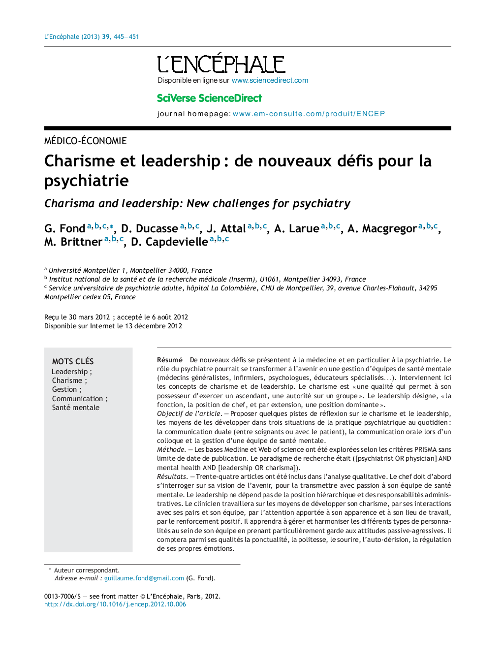 Charisme et leadershipÂ : de nouveaux défis pour la psychiatrie