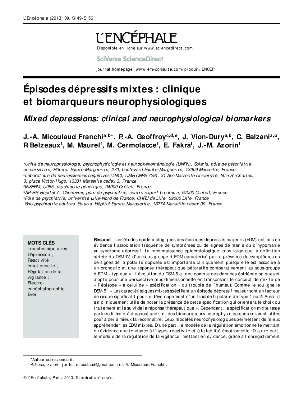 Ãpisodes dépressifs mixtes : clinique et biomarqueurs neurophysiologiques