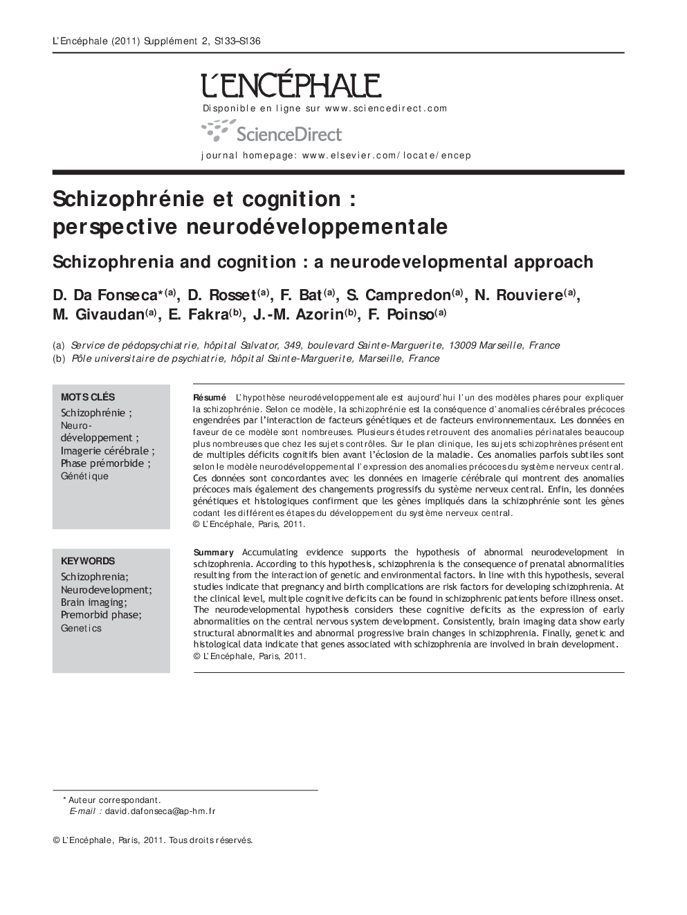 Schizophrénie et cognition : perspective neurodéveloppementale