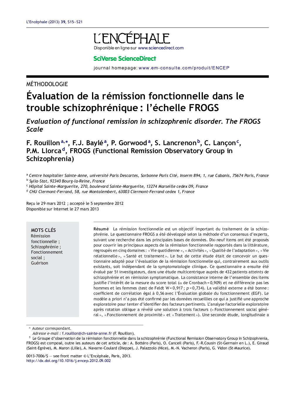 Ãvaluation de la rémission fonctionnelle dans le trouble schizophréniqueÂ : l'échelle FROGS