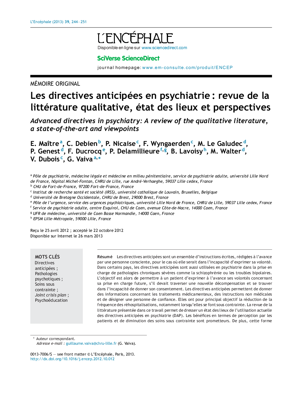 Les directives anticipées en psychiatrieÂ : revue de la littérature qualitative, état des lieux et perspectives