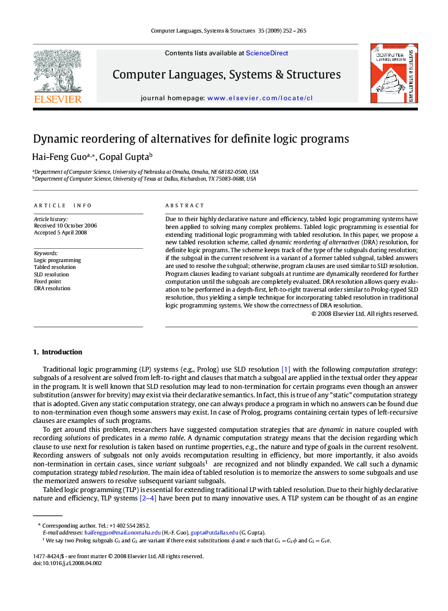 Dynamic reordering of alternatives for definite logic programs