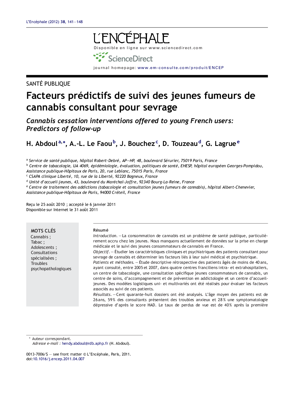 Facteurs prédictifs de suivi des jeunes fumeurs de cannabis consultant pour sevrage