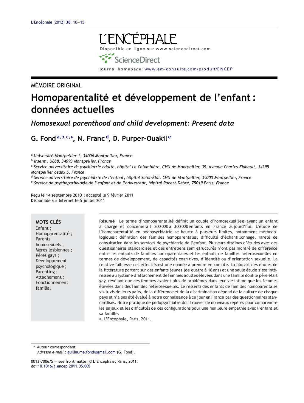 Homoparentalité et développement de l'enfantÂ : données actuelles