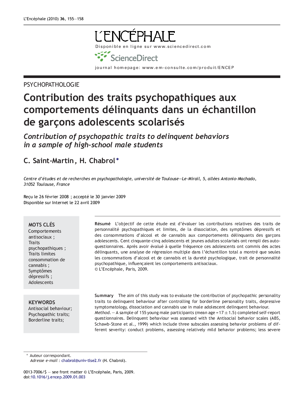 Contribution des traits psychopathiques aux comportements délinquants dans un échantillon de garçons adolescents scolarisés