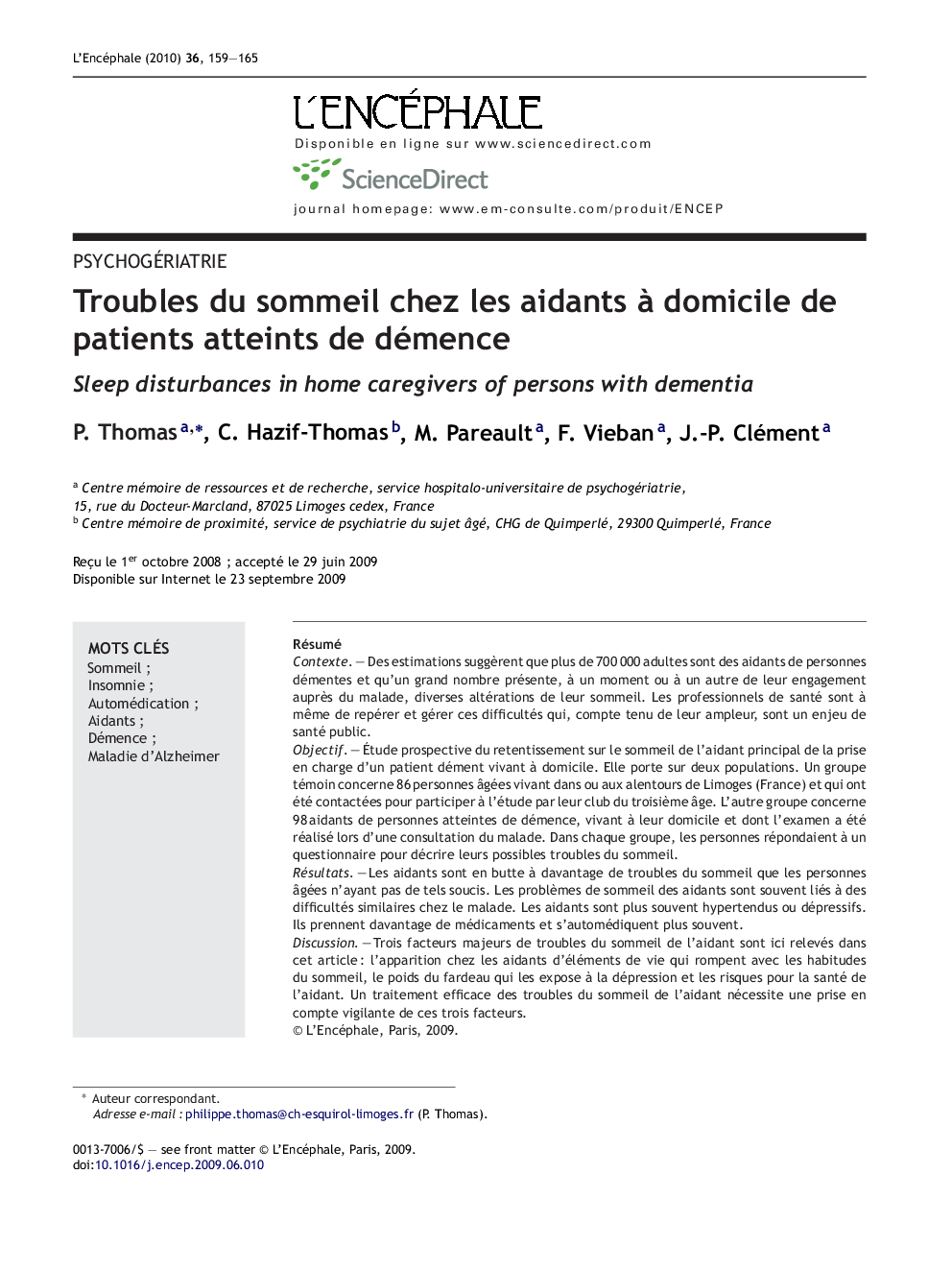 Troubles du sommeil chez les aidants Ã  domicile de patients atteints de démence