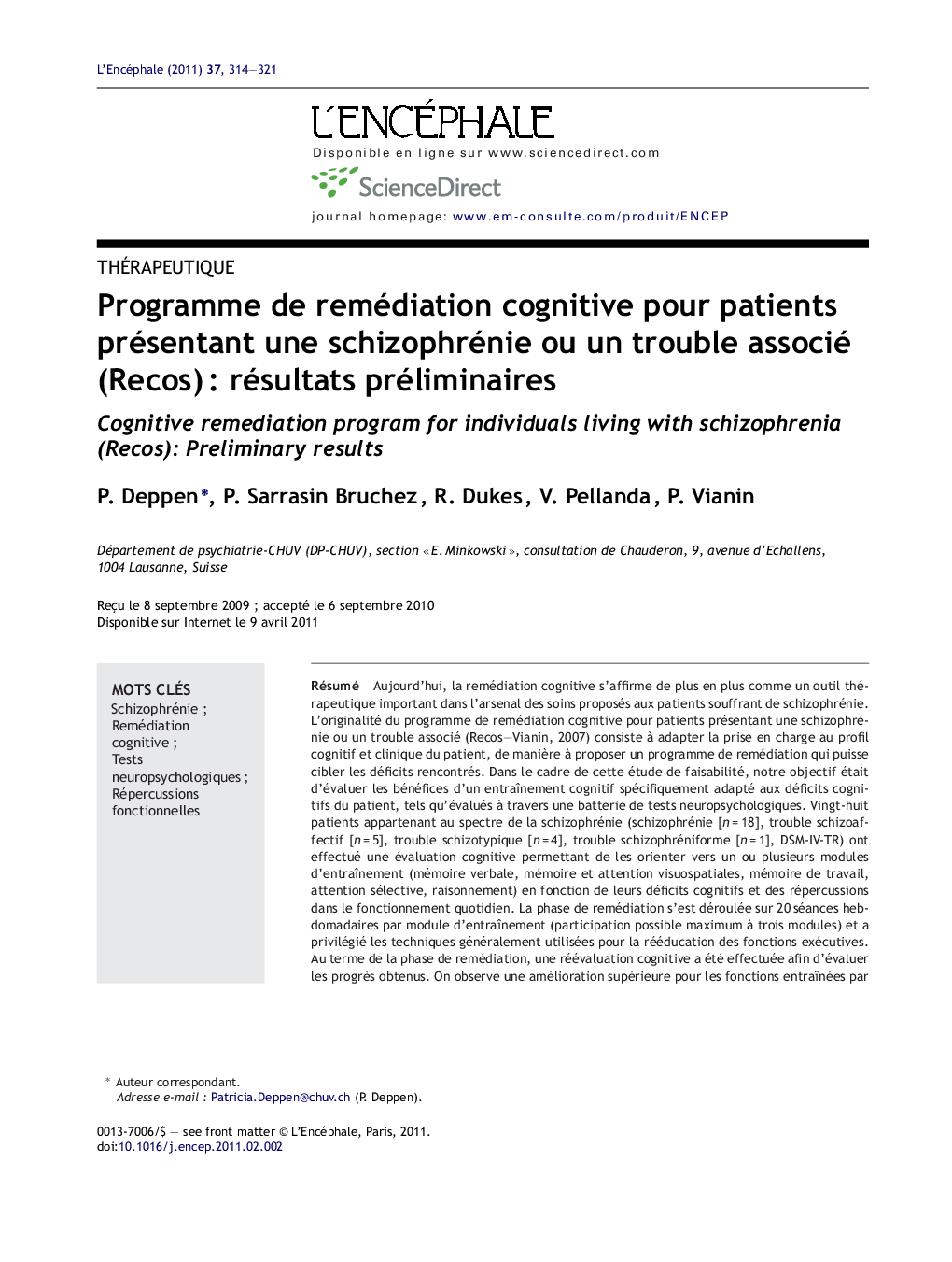 Programme de remédiation cognitive pour patients présentant une schizophrénie ou un trouble associé (Recos)Â : résultats préliminaires