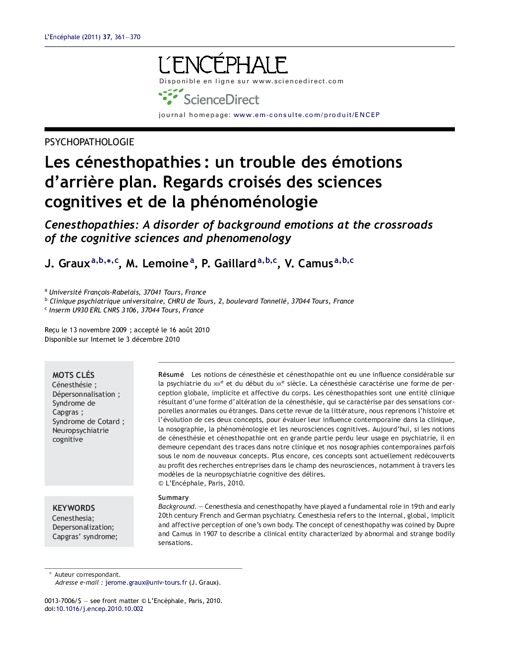 Les cénesthopathiesÂ : un trouble des émotions d'arriÃ¨re plan. Regards croisés des sciences cognitives et de la phénoménologie