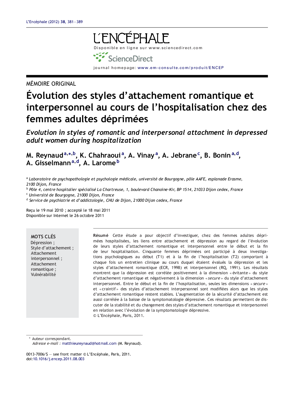 Ãvolution des styles d'attachement romantique et interpersonnel au cours de l'hospitalisation chez des femmes adultes déprimées