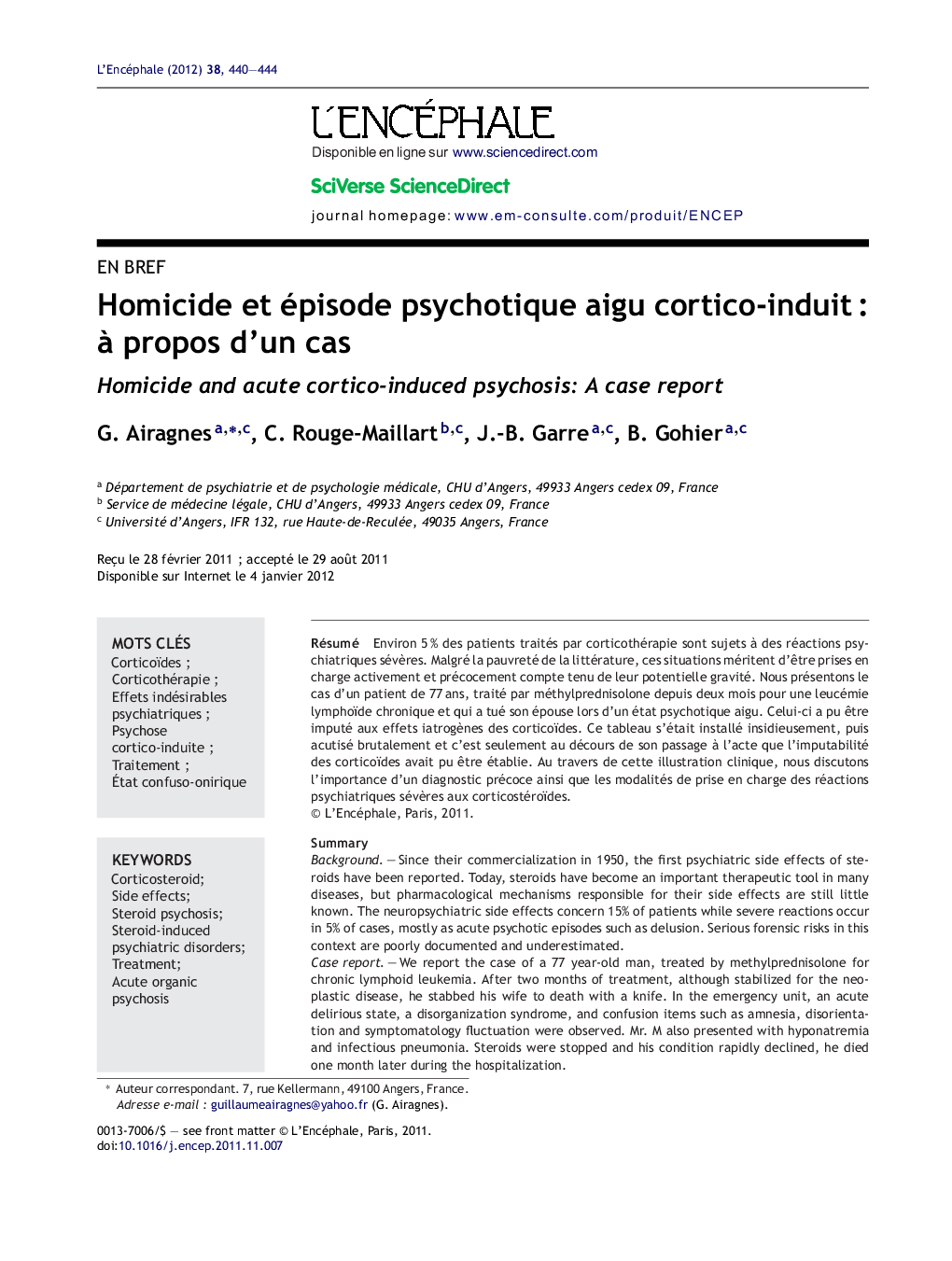 Homicide et épisode psychotique aigu cortico-induitÂ : Ã  propos d'un cas