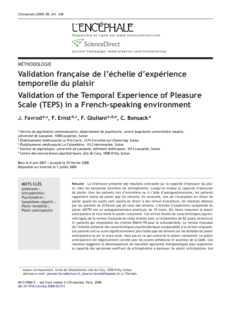 Validation française de l'échelle d'expérience temporelle du plaisir