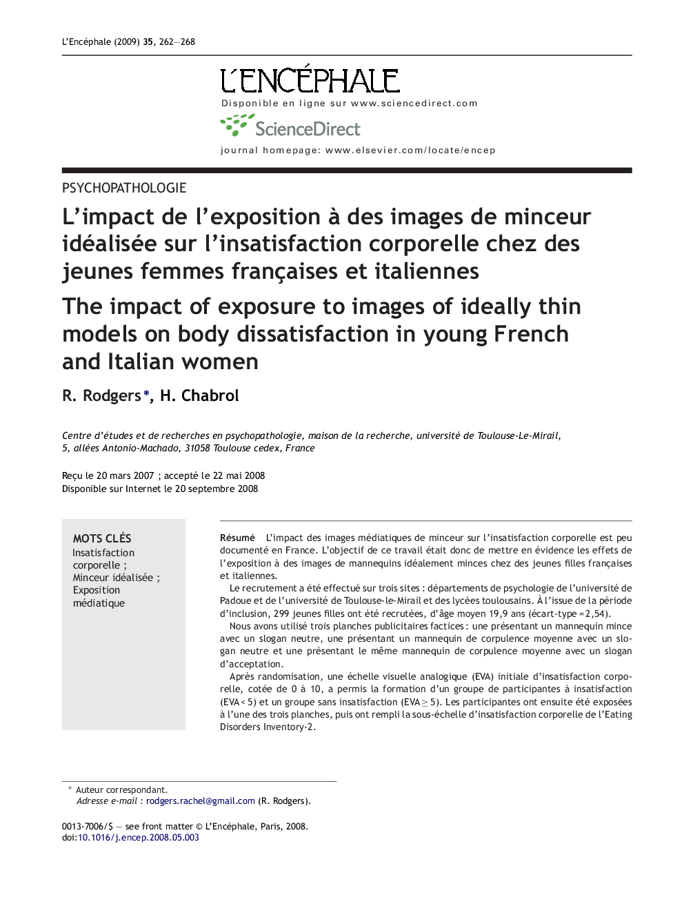 L'impact de l'exposition Ã  des images de minceur idéalisée sur l'insatisfaction corporelle chez des jeunes femmes françaises et italiennes