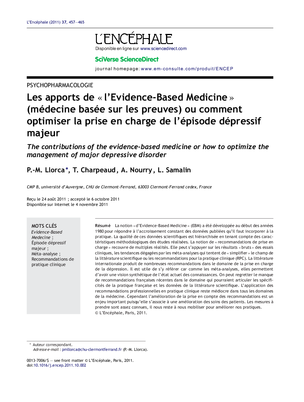 Les apports de Â«Â l'Evidence-Based MedicineÂ Â» (médecine basée sur les preuves) ou comment optimiser la prise en charge de l'épisode dépressif majeur